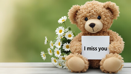 teddy bear with the message "I miss you" and flowers. I MISS YOU,  love, cute romance, couples card.,love background copy-space