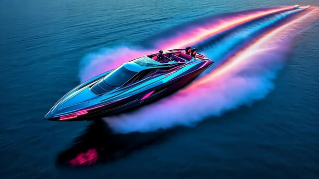 A sleek speedboat races across the water, leaving a colorful wake behind it