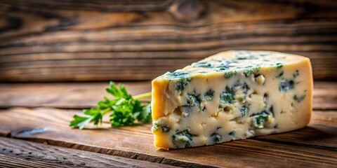 Tasty blue cheese on a wooden background and burlap with Dorblu cheese pieces in focus