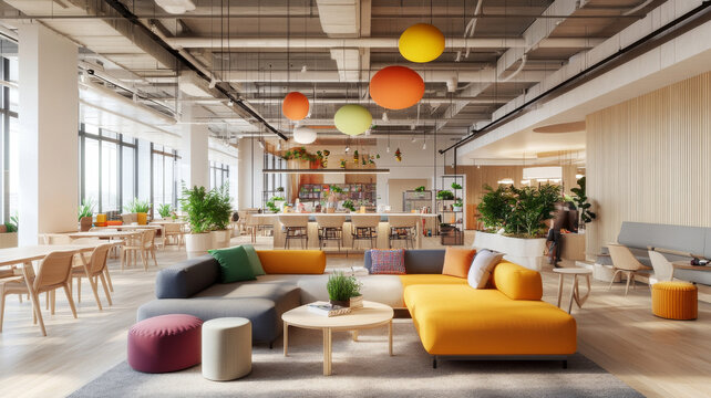 A modern office interior featuring spacious lounge area with colorful furniture, including large sectional sofa, round tables, and vibrant hanging decor. bright space is filled with plants, creating l - Powered by Adobe