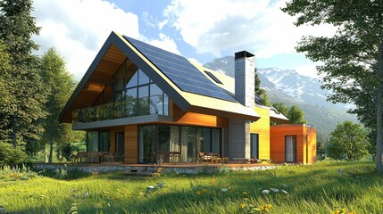 Obraz premium Contemporary House with Solar Panels in Nature