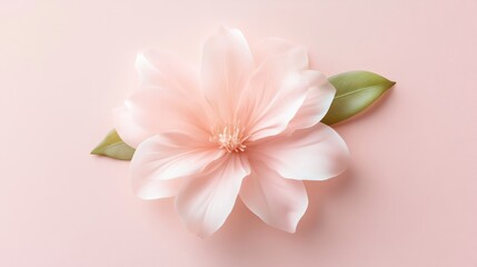 Fototapeta premium A pink flower with a green leaf on top of a pink background. The flower is the main focus of the image, and the pink background adds a sense of softness and elegance to the scene