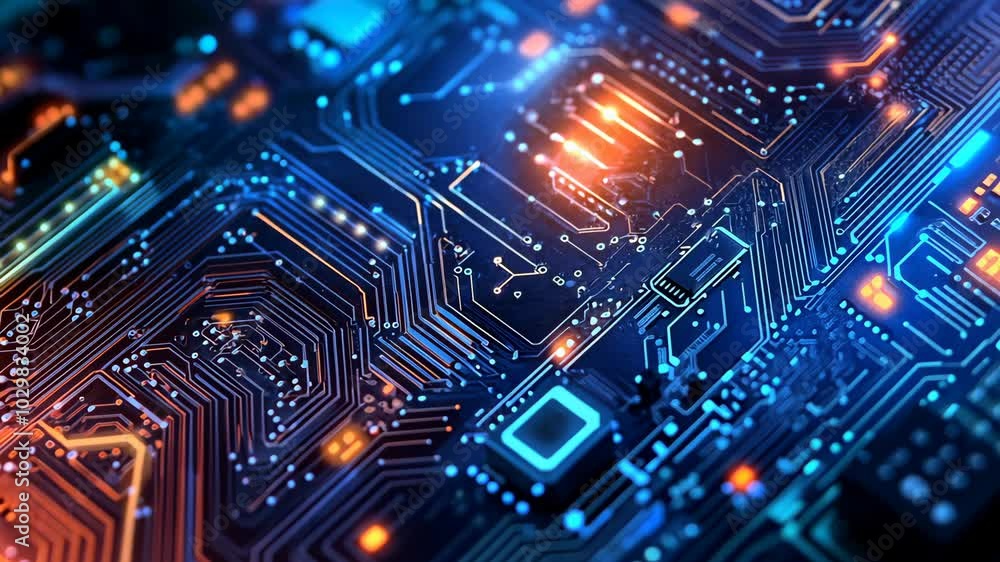 Poster a close-up view of a circuit board with intricate pathways glowing in blue and orange