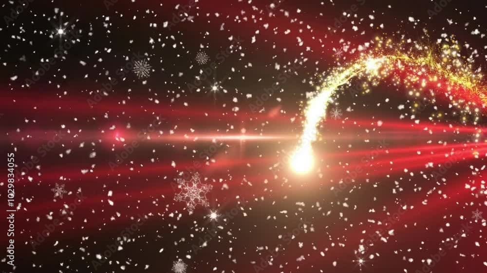 Poster glowing comet trail with snowflakes animation on red background