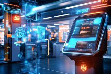 Obraz premium Futuristic Interface Kiosk with Digital Hologram Display.