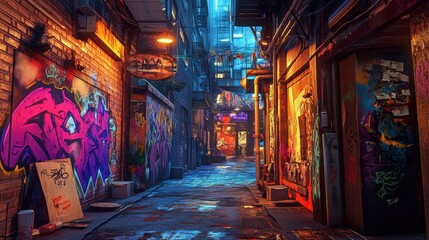 Obraz premium Graffiti-covered alley lit by neon signs.