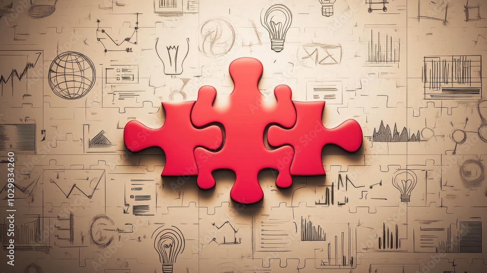 Poster two red puzzle pieces connected against a background of various business-related sketches.