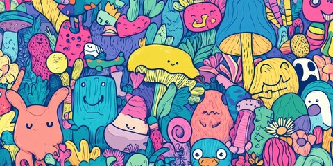 Naklejka premium Bright, colorful, hand-drawn characters.
