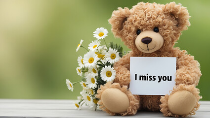 teddy bear with the message "I miss you" and flowers. I MISS YOU,  love, cute romance, couples card.,love background copy-space