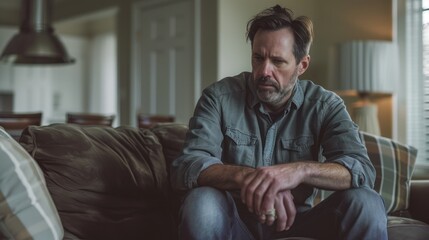 Man Sitting On Couch with Pensive Expression