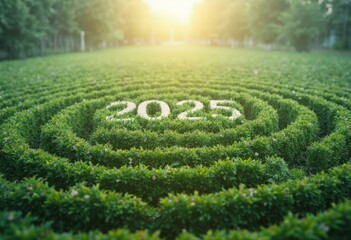 Naklejka premium Lush Green Landscape With Concentric Patterns Featuring '2025' At Its Center