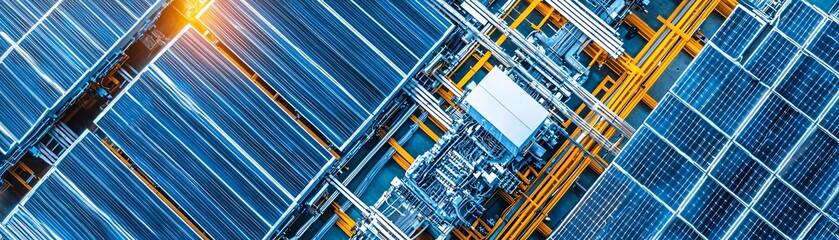 Industrial plant transitioning to green energy, solar panels replacing old infrastructure, vibrant colors in magazine photography style