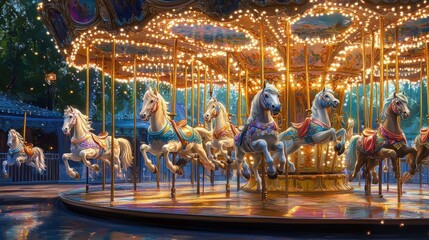 Illuminated carousel with white horses.