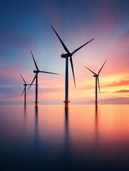 Fototapeta premium Offshore wind turbines at sunset, blades turning with the wind, captured in an elegant documentary photography style
