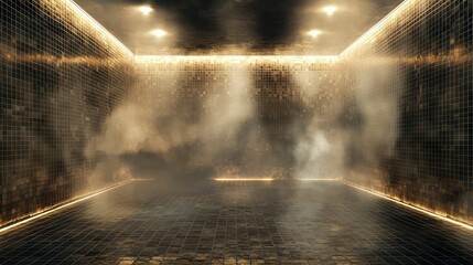 Steam Room with Tiled Walls and Dramatic Lighting