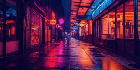 Fototapeta premium Neon signs illuminate a wet, empty alleyway.