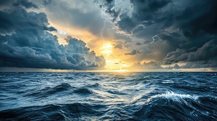 Fototapeta premium Stormy Sea Under Dark Clouds with Lightning