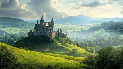 A fairytale castle sits on a hill overlooking a lush