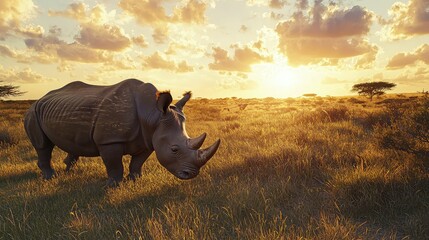 Fototapeta premium Majestic Endangered Black Rhinoceros in Golden Sunset