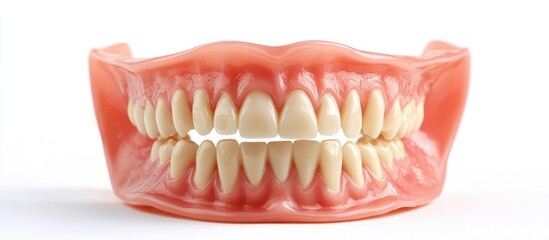 Obraz premium A full set of dentures with pink gums and white teeth on a white background.
