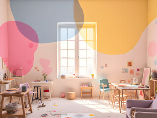 Colorful abstract bubbles floating on a pastel background creating a vibrant and playful composition in a creative workshop setting