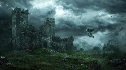Naklejka premium Haunting Templar Fortress in a Dark Landscape