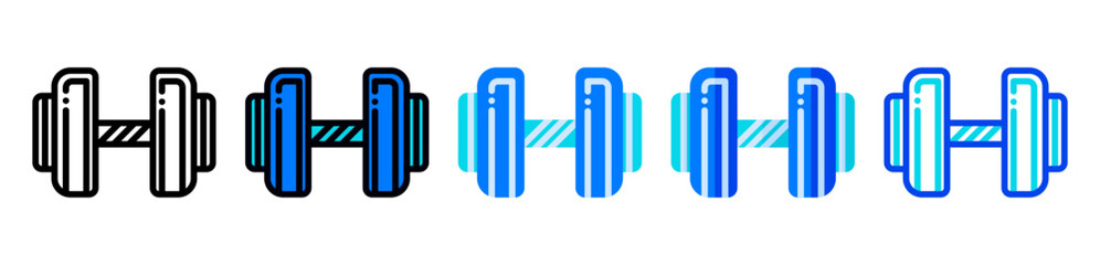 Dumbbell icon set in line, filled, and flat styles. The barbell illustration is suitable as a symbol of physical health, sports equipment, workouts and gyms.