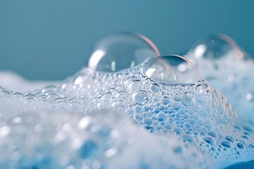 Soap bubbles on blue background. Detergent foam bubble on water