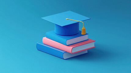 3D isometric icon: a blue graduation cap on top of two books,