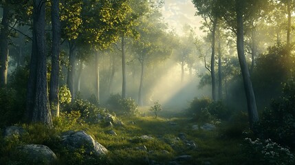 Obraz premium Sunrise in the forest with sunlight shining through the trees