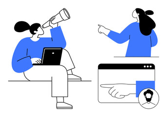 Two people engage in different activities. One uses a telescope while working on a laptop, and the other points forward. Web interface shows a pointing hand and user icon. Ideal for business