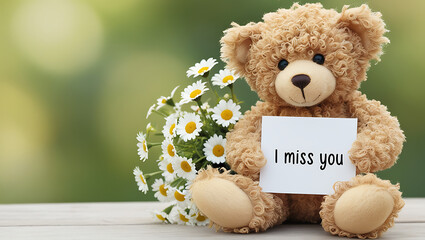teddy bear with the message "I miss you" and flowers. I MISS YOU,  love, cute romance, couples card.,love background copy-space