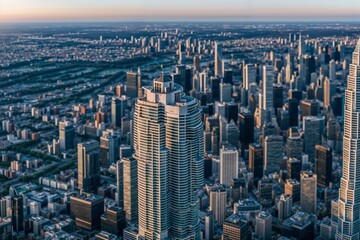 Curved Skyscraper Dominating a Cityscape at Sunset