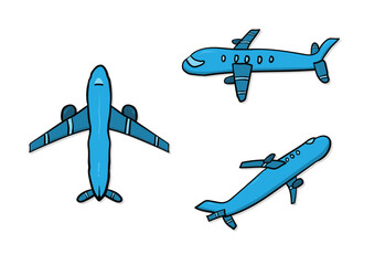 Set of cute flying transport plane, hand drawn doodle blue airplane, flat colored graphic vector illustration isolated on white background