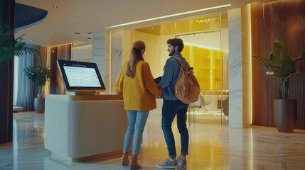 Fototapeta premium Couple Checking Into Modern Hotel
