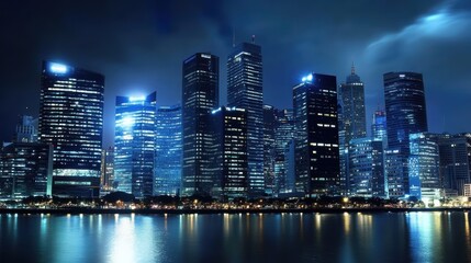 Fototapeta premium City skyline illuminated at night reflecting on water.