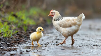 Chick and Hen on a Wet Path in Nature