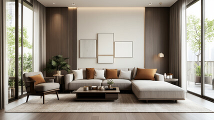 A modern living room featuring spacious sofa with orange cushions, stylish armchair, and large windows that bring in natural light. decor is minimalistic and elegant, creating serene atmosphere
