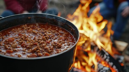 Simmering Chili in a Pot Over a Cozy Fire