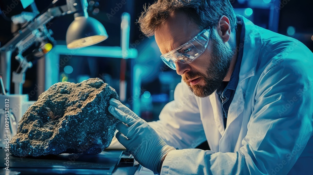 Poster scientist analyzing meteorite in laboratory setting