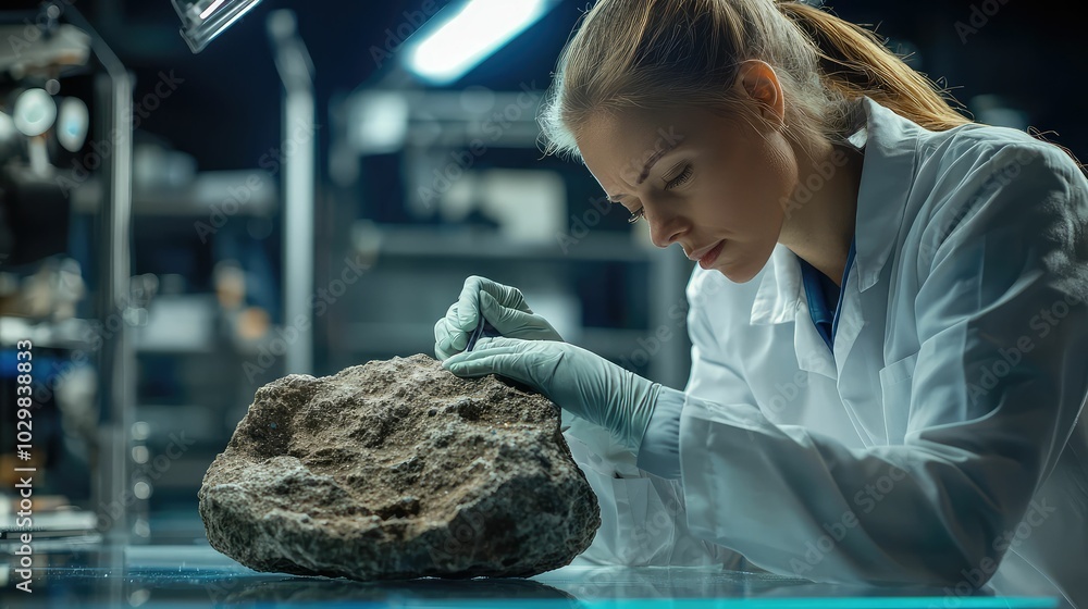 Poster scientist analyzing meteorite in laboratory setting
