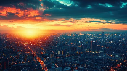 Vibrant City Skyline at Dusk with Colorful Clouds