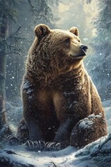 Obraz premium A majestic brown bear poses in a snow-covered forest, dusted with snowfall; it exudes strength and grace in a classic winter woodland environment.