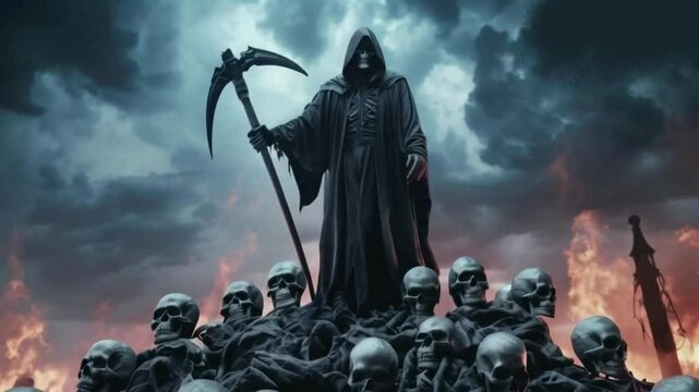 A grim reaper standing on skulls  High quality HD 4K video CLIP