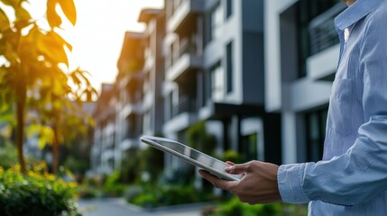 A property manager using a tablet with modern property management software to track building maintenance.