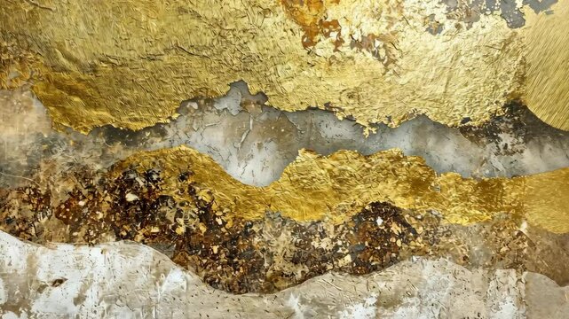 Abstract gold and grey art with textured brushstrokes creates a landscape of mountains
