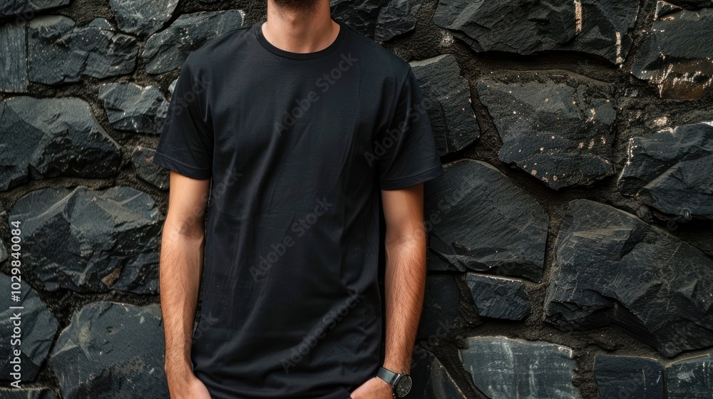 Poster Man in Black T-Shirt Against a Stone Wall