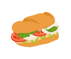 Sandwiches with Various Ingredients. Vector cartoon illustration of caprese sandwich, bagel, burger with meat, fish, avocado, egg, cheese and vegetables.