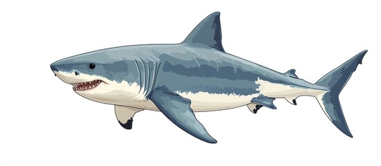 Fototapeta premium A large great white shark, swimming with an open mouth, in a side profile view.