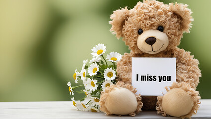 teddy bear with the message "I miss you" and flowers. I MISS YOU,  love, cute romance, couples card.,love background copy-space